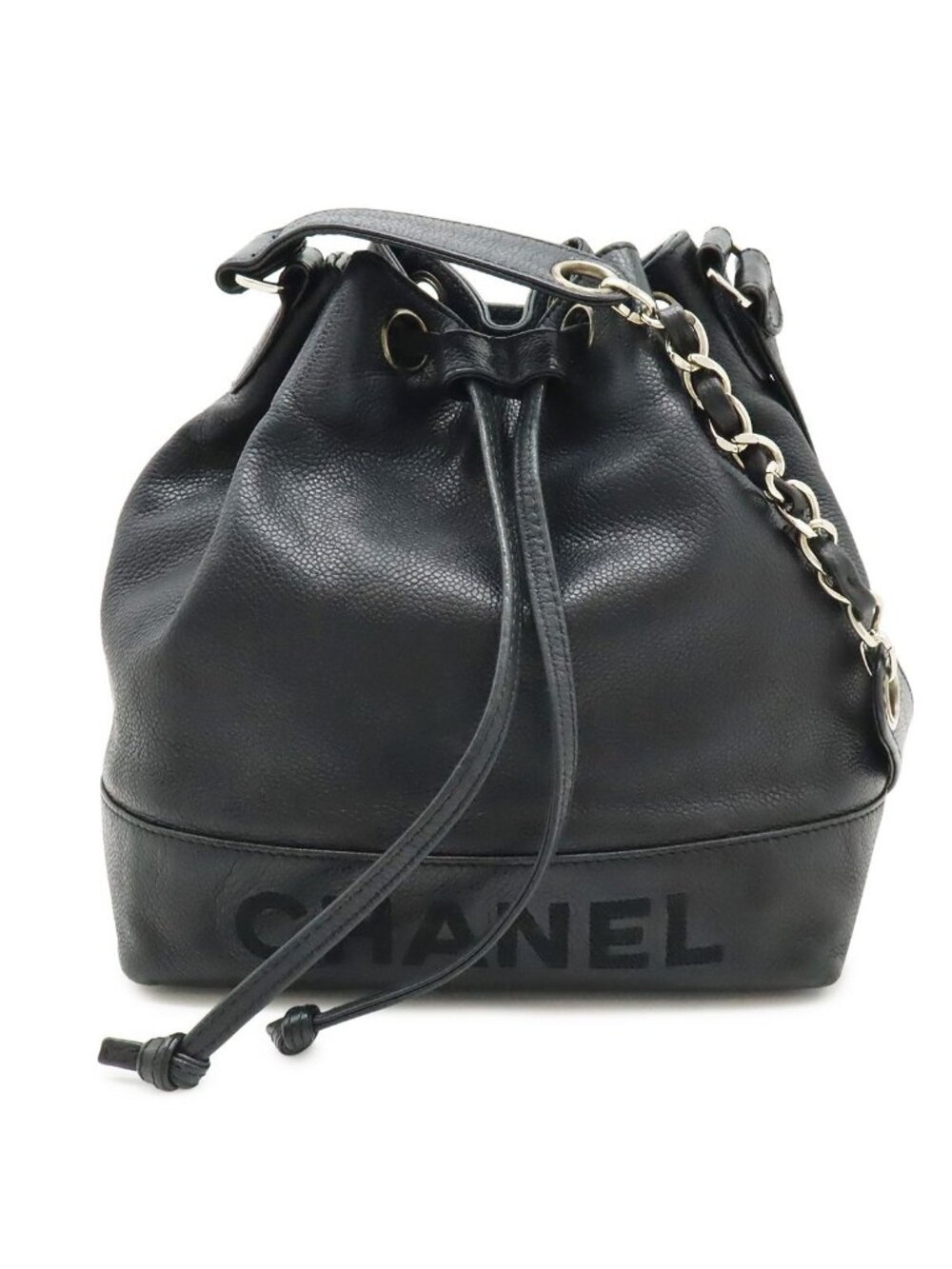 Chanel Logo Drawstring Shoulder Bag Chain Bag Caviar Leather Black Silver Pouch
